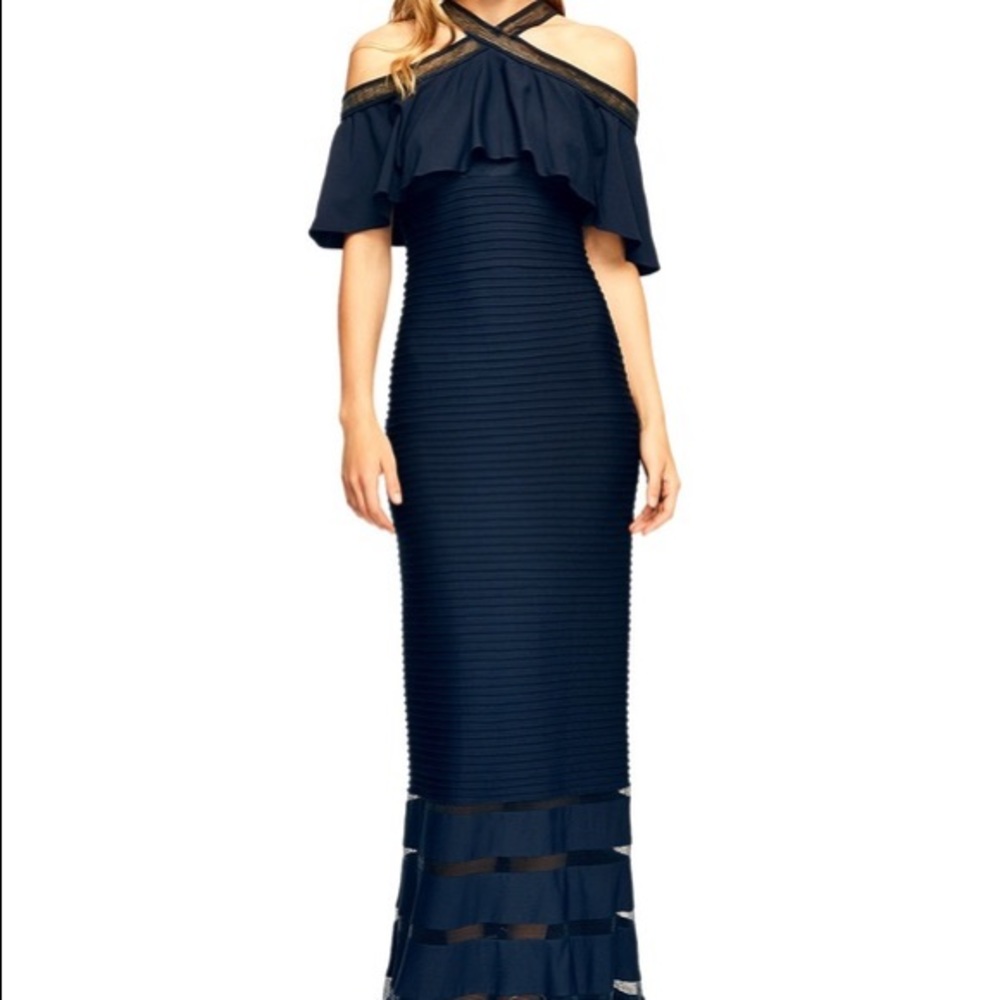 Tadashi Shoji Crystal Pintuck Jersey Halter Gown